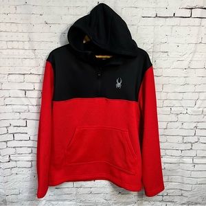 Spyder Thermal Hoodie Men Large Red Black Pullover Waffle Knit Quarter Zip